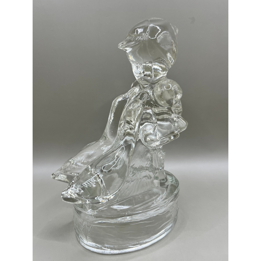 Vtg L.E. Smith Heavy Pressed Clear Glass Girl Goose Figurine‎ 6" Candy Container